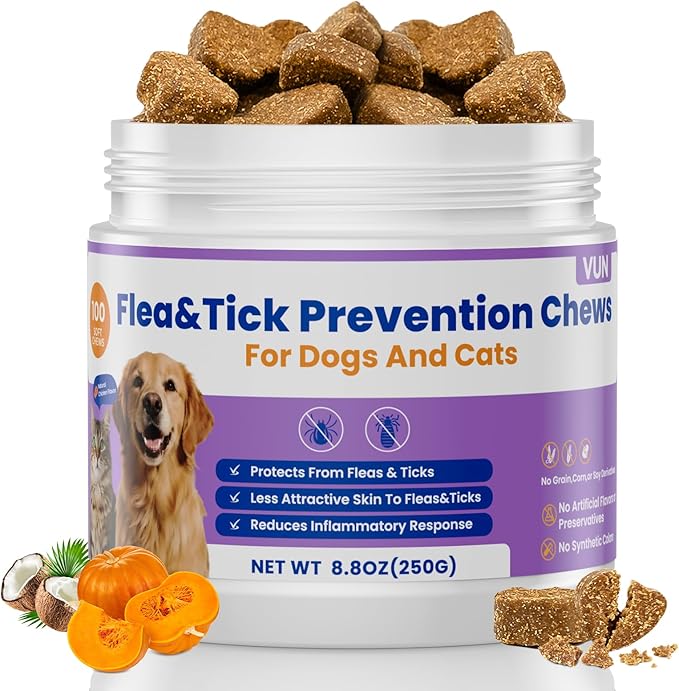 VUN Dog Flea and Tick Treatment Chewable,Natural Oral Flea Treatment for Cats,Relieve Itching& Biting,Flea Tick Prevention for Dogs Chews Supplement for Skin&Coat,All Breeds Sizes,100 Counts