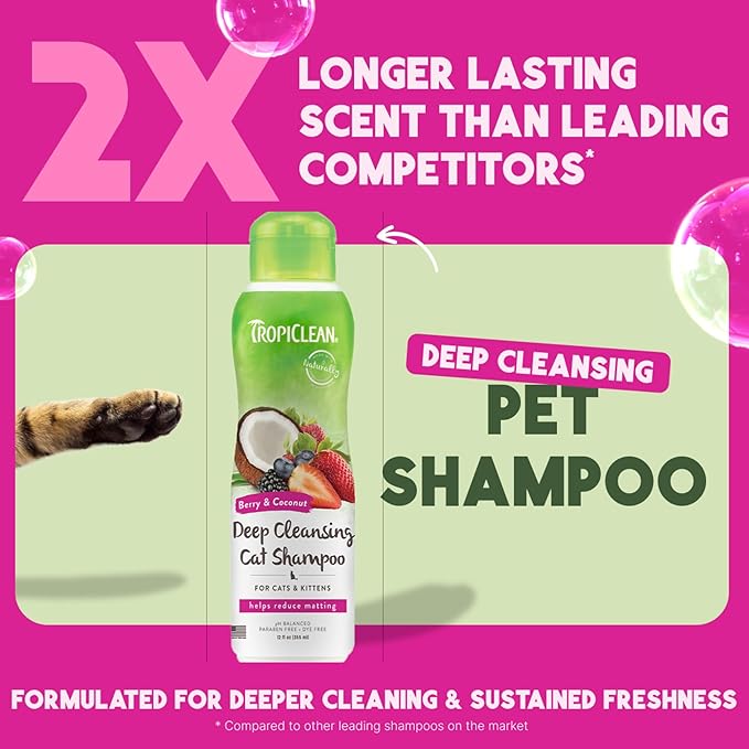 TropiClean Deodorizing Cat Shampoo for Smelly Pets, Long Lasting Odor Control, Kitten Safe, Made in The USA, Berry Scent, 12oz.
