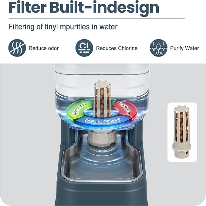 Automatic Dog Water Dispenser Gravity Stainless Steel Water Feeder Cat Waterer Feeder with Wide Mouth Bowl for Small Medium Dog Puppy Kitten (Filter &Ice Pack Included) 1.6Gallon Navy