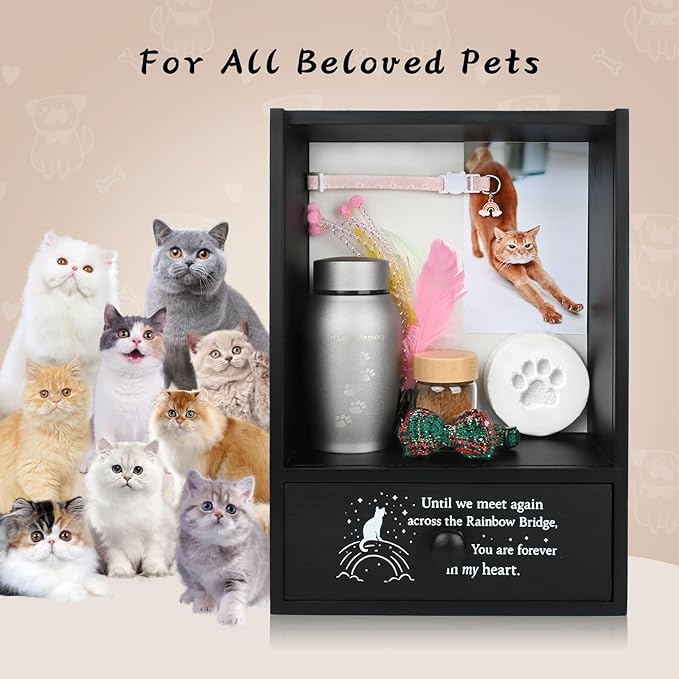 Pet Memorial Shadow Box Keepsake 9.2x13 Cat Memorial Gifts for Loss of Cat Death Sympathy Remembrance Bereavement Gift Large Pet Memory Box Frame Display Case with Deep Rainbow Bridge Drawer