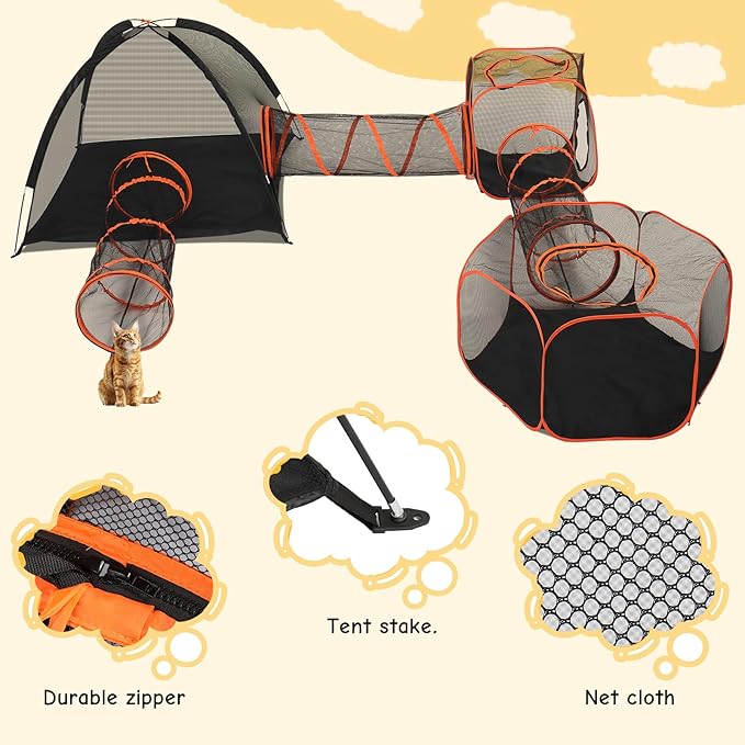 VINGLI Cat Tunnel, Outdoor Cat Enclosure, Large Catio, Outdoor Tunnels for Kittens with Storage Bag (Black&Orange, 6 in 1)
