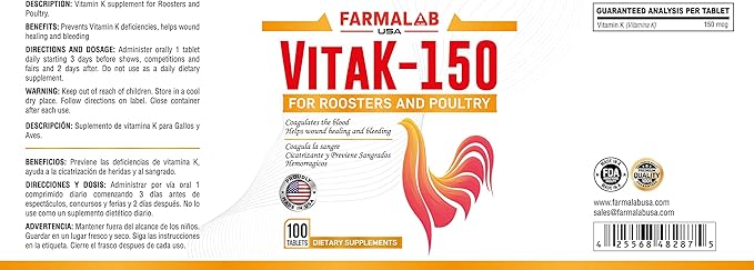 Farmalab VitaK-150 para GALLOS Pollos GALLINAS VitaK 150 Rooster Gamefowl Poultry GalloK Vk-150 ewormx Gallovita B12 B15 Supertron Gallo-K