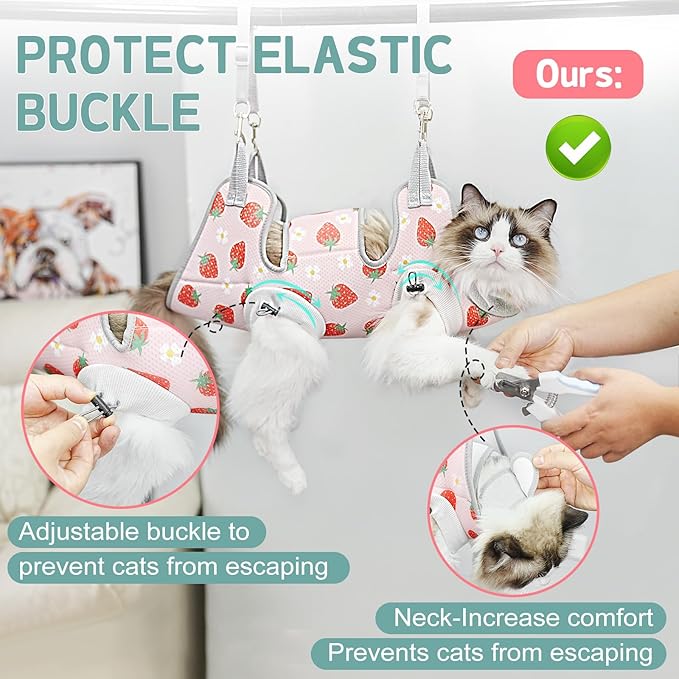 Supet Cat Grooming Hammock Harness for Nail Trimming, Cat Grooming Hanging Sling for Nail Clipping, Pet Restraint Holder for Cutting Nails, Medicine, Ear & Teeth Cleaning, Eye Care (Strawberry L)