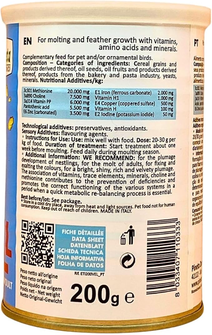 Pineta VellBrill 200g - Bird Supplement and Vitamin for Canaries - Canary Molting Supplement to Release The Stress of The Shedding Season, Enhance Diet and Promote Healthy