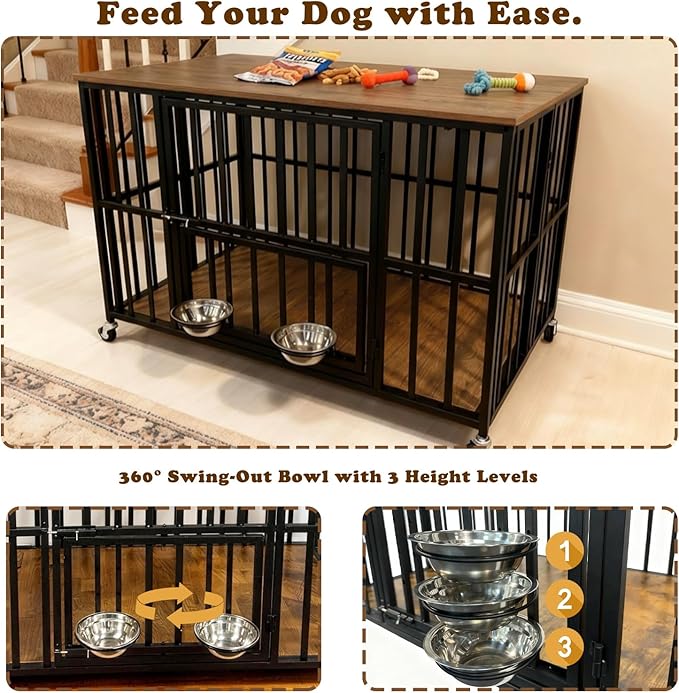 43" Dog Crate Furniture Foldable, Large Dog Kennel Furniture with Swing-Out Bowl & Dual Base Sets (Feet+Wheel), No Assembly Foldable Dog Crate Furniture, End Table for Large Dogs, Rustic Brown