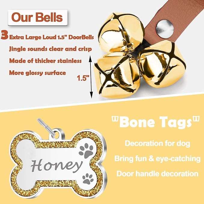Leather Dog Bells, Puppy Potty Training Bell Dog Doorbell Potty Train Dog Bell for Potty Training Door Bells for Dogs to Ring to Go Outside Jingle Bells (Leather Brown, Glitter Bone 1 PCS)