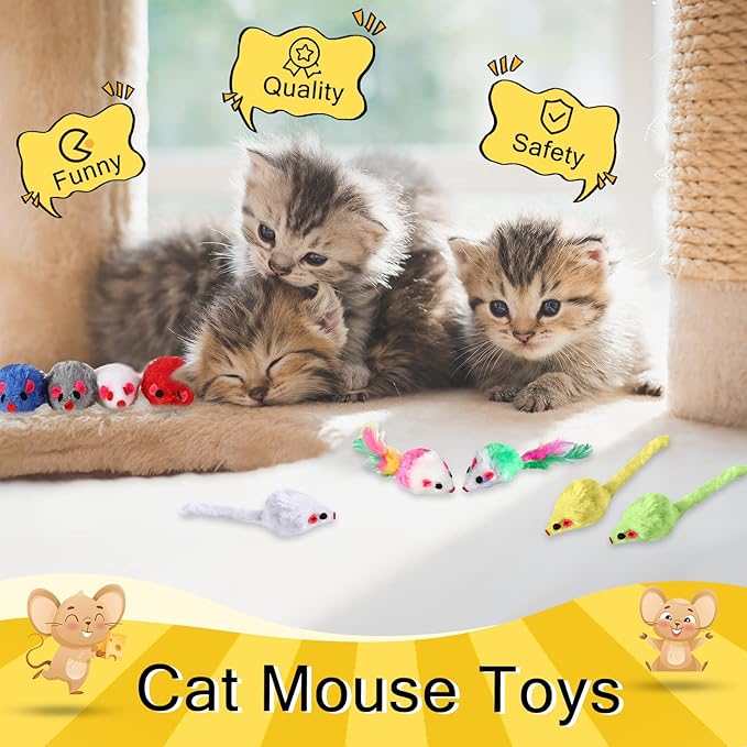 Syhood 120 Pcs Fur Mice Cat Toys Bulk for Indoor Cats Catnip Mouse Toys with Rattle Sound Rattle Mini Mice Pets Kitten Interactive Play Assorted Color