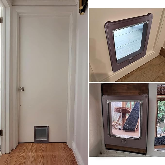NAMSAN Cat Door Interior Door, Brown, Flap Opening 7.1" x 7.3", 4 Way Locking Cat Door for Exterior Door, Weatherproof Pet Door for Cats Small Dogs, Cat Flap Doors for Wooden/Metal Door, Window
