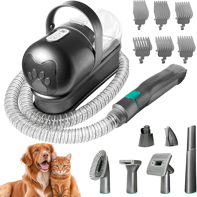 Pet Grooming Vacuum Kit for Dogs Cats, Uproot Cleaner Pro Pet Hair Remover Suction 99% Pet Hair, 7 in 1 Grooming Tools with Professional Clippers for All Furry Pets (Silver Gray)