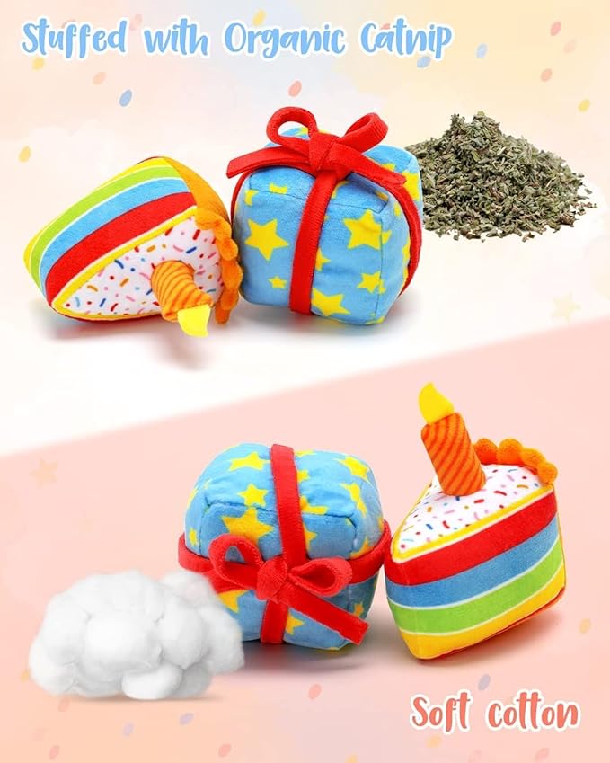 CiyvoLyeen 6Pcs Birthday Themed Catnip Toys Cat Birthday Gift Kitten Interactive Toys for Cat Lover Cake Crown Fish Soft Plush Catmint Pet Supplies Kitty Chew Kick Toys