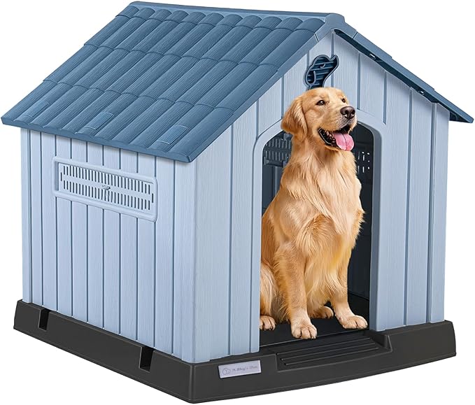 LEMBERI Plastic Dog House for Medium Dogs, Durable Waterproof Indoor Outdoor Doghouse with Air Vents and Elevated Floor, Easy to Assemble (Light Blue, 33.5" L x 31.5" W x 33.9" H)