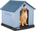 LEMBERI Plastic Dog House for Medium Dogs, Durable Waterproof Indoor Outdoor Doghouse with Air Vents and Elevated Floor, Easy to Assemble (Light Blue, 33.5" L x 31.5" W x 33.9" H)