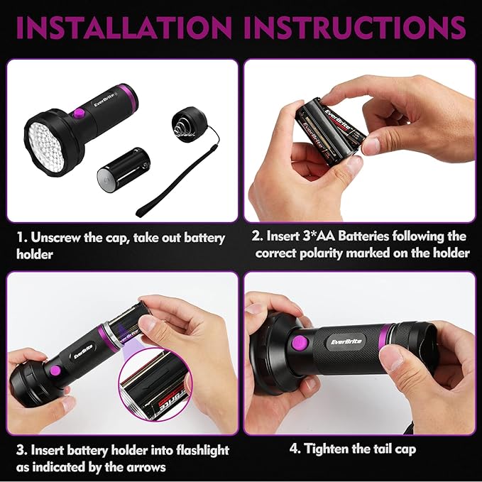 EverBrite UV Flashlight, 68 LED Blacklight Flashlights, 395nm Black Light Flashlight for Pet Urine Detection, Scorpions, Dry Stains, Bed Bug (Batteries Included)