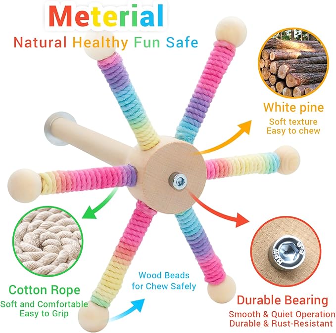 Bird Rotating Perch Toys,Parakeet Interactive Stand Perch Toy,Wooden Exercise Wheel Parrot Toys,Cockatiel Toys for Bird Cage Accessories for Small and Medium Parrots (6 Perch)