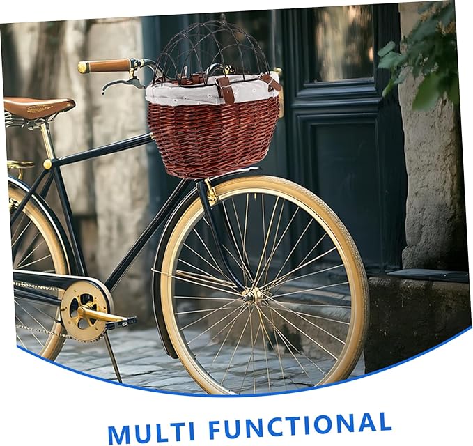 Wicker Dog Bicycle Carrier Detachable Front Bike Basket for Pets Stylish Rattan Storage with Wire Mesh Cover for Shopping and Commuting