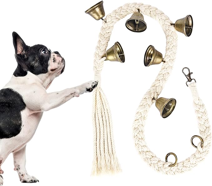 Dog Bell for Door Potty Training, Cotton Handwoven Dog Doorbell with 6 Extra Loud Bells for Dog Training, Adjustable Hanging Door Bell for Small Medium Large Dogs to Ring to Go Outside, Beige