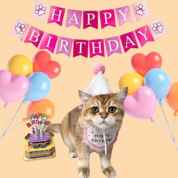 Cute Pet Birthday Costume Bandana Scarf Bib and Hat Set for Cat Small Dog, Cat Birthday Decorations Outfits (Pink)