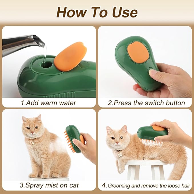 Cat Steam Brush, 3 in 1 Cat Steamy Brush, Silicone Massage Grooming Comb, Pet Hair Cleaning Misting Comb for Kittens(Avocado Green)
