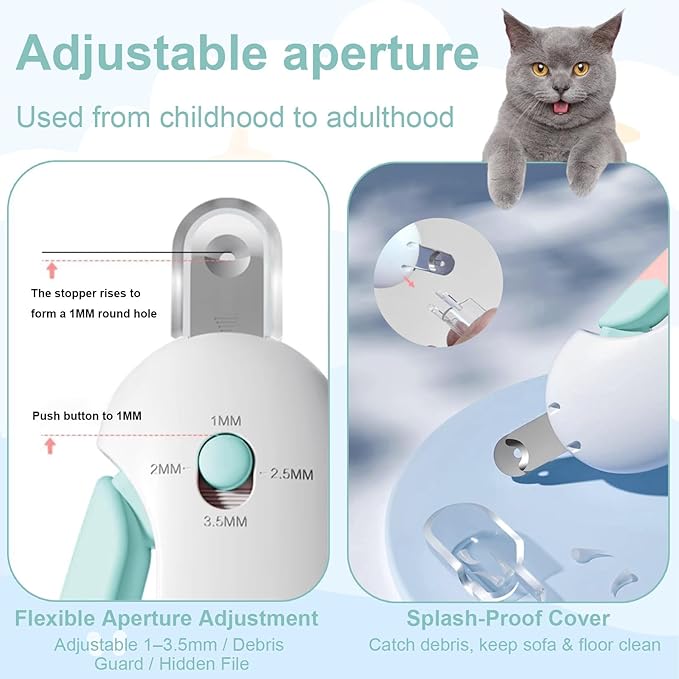 Professional Cat Nail Clipper and Trimmer with 3 Adjustable Safety Levels (1-3.5mm), Kitten Supplies, Puppy Grooming Tools, with Debris Catcher & Hidden Nail File