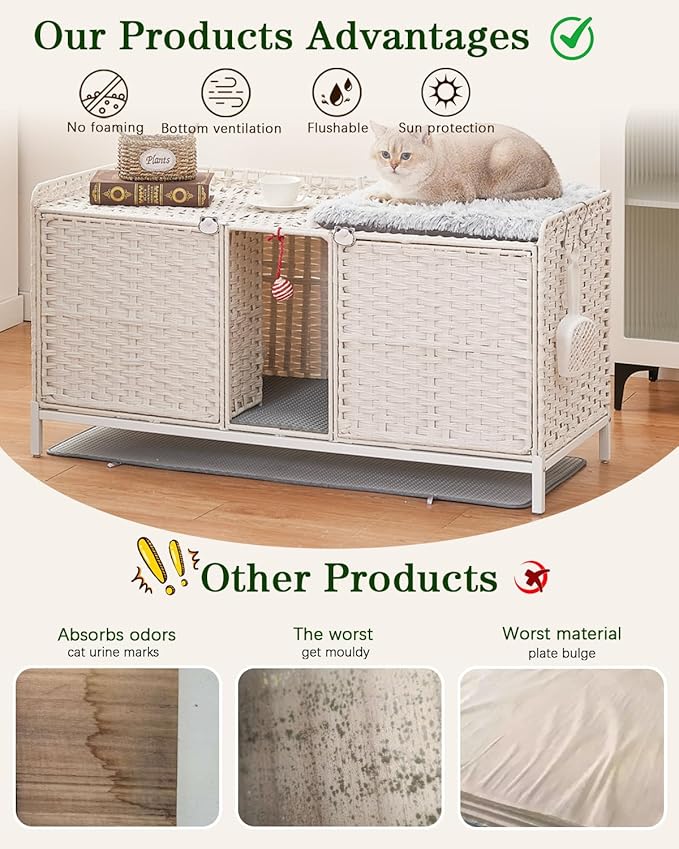 Cat Litter Box Enclosure for 2 Cats, Hidden Litter Box Furniture with Mat, Large Rattan Cat House with Double Room and Door, 47.3 L x 19.7 W x 24 H, 2 S-Shaped Hooks for Living Room White