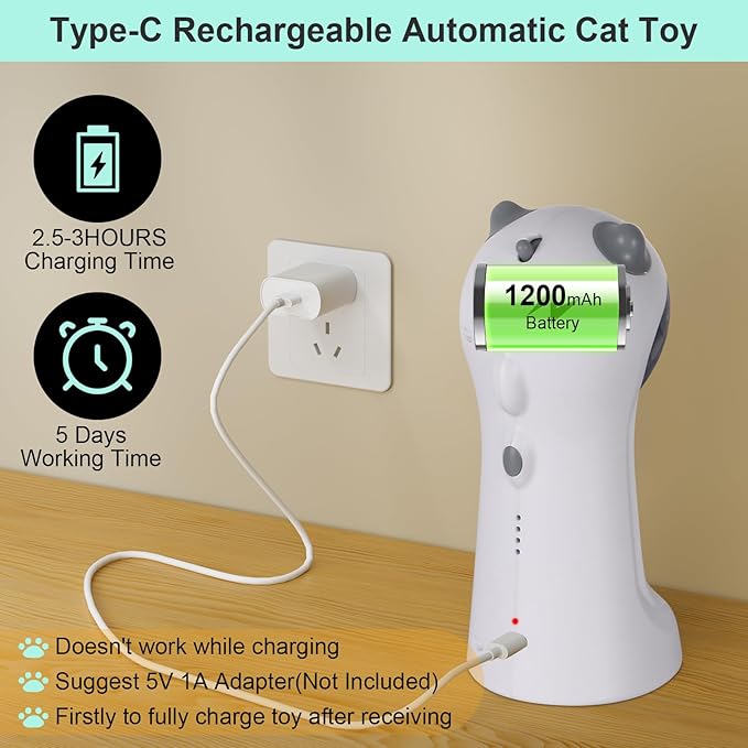 TBTeek Cat Toy, Automatic Motion-Activated, 5 Fun Patterns, 4 Speed Modes, Adjustable Light Angles, Random Rotating Trajectory, Rechargeable