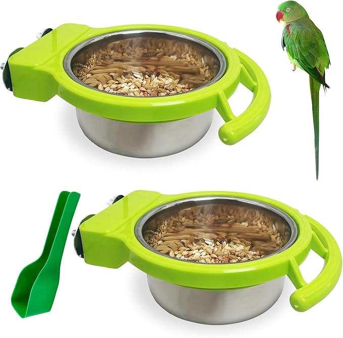 BNOSDM 2 PCS Stainless Steel Bird Bowls Bird Feeding Dish Water Cups Perch Stand Hanging Parakeet Food Container Food and Water Bowls with Spoon for Budgie Cockatoo Finch Lovebirds (Green)