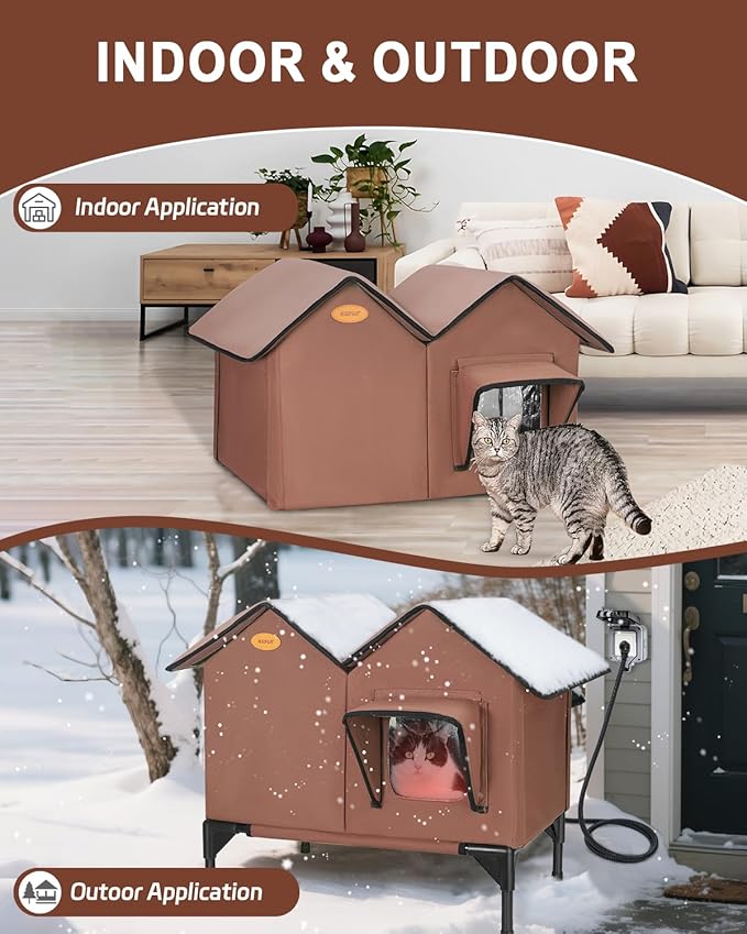 Heated Cat House for Outside Cats in Winter, Large Insulated Heated Outdoor Cat House Weatherproof with Elevated Base & Escape Door, Waterproof Cat Shelter for Multiple Cats Feral Stray Barn Kitty