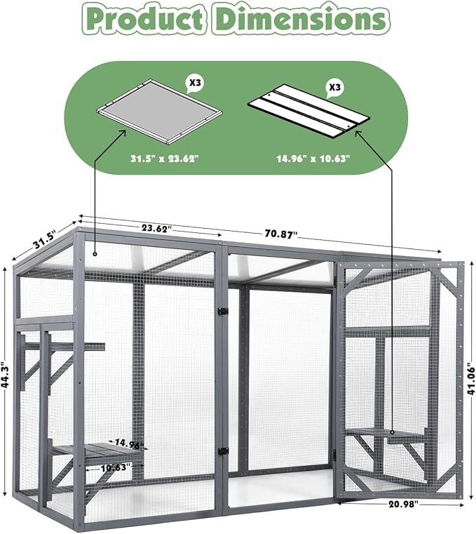Outdoor Cat House, 71" Catio Outdoor Cat Enclosure, Large Cat Patio Enclosure for Multiple Cats, Weatherproof Cattio for Cats Outside, Wood Frame, Easy Assembly for Backyard, Grey