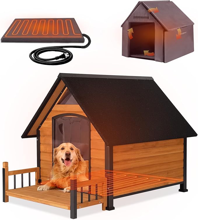 GUTINNEEN Large Heated Dog House Outdoor Insulated Weatherproof Dog Kennel with Heated Pad, Insulated All-Round Thermal Liner, Chew-Proof Strong Iron Frame Dog House for Dogs (Winter-Ready)