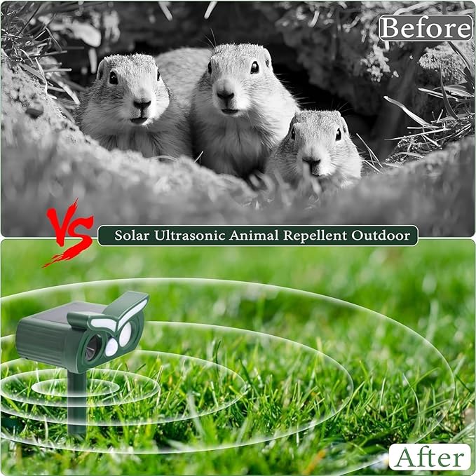 1Pack Solar Ultrasonic Animal Repellent Outdoor Deer Repellent Devices with Motion Detection&Flash Light Squirrel Rabbit Dog Cat Deterrent,Keep Rodent Chipmunk Raccoon Away for Yard