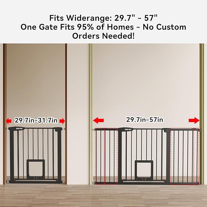 30 Inch Tall Dog Gate with Cat Door, Adjustable Width (29.7-57 Inches) for Doorways, Hallways & Stairs, Pressure-Mounted Walk-Through Dog Gate with Auto-Close & Double Lock Safety（Black）