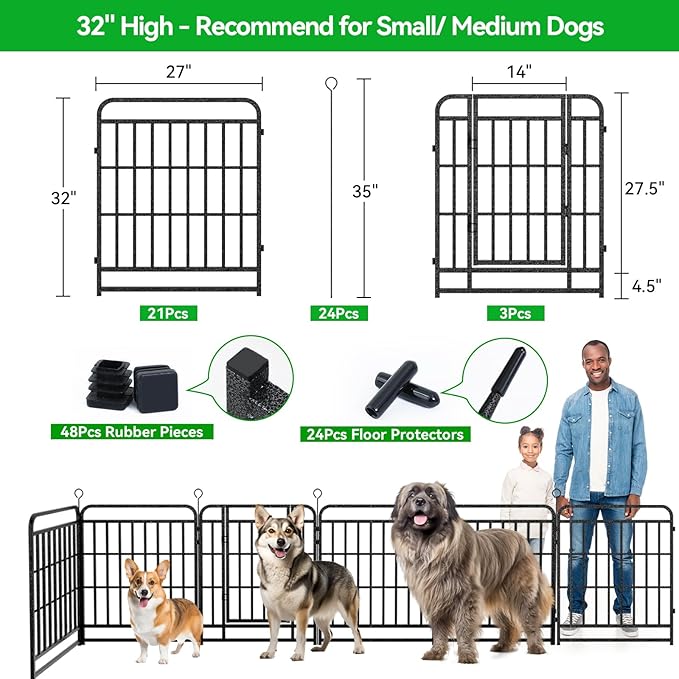 Dog Fence Outdoor 24 Piece Panels 32" Height, Square Steel Pipe with Reinforced Crossbars, Anti-Rust Heavy Duty Dog Playpen with Doors Portable for Yard RV Camping, Total 54FT, 227 Sq.ft, Snowy Black