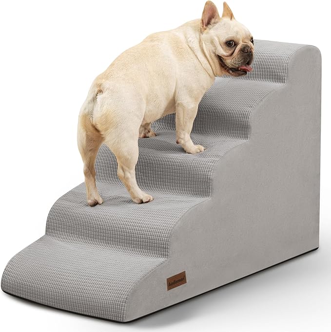 5-Step Dog Stairs and Ramp for High Bed, Non-Slip Sturdy Pet Steps for Small Dogs and Cats,22.2" H,Light Grey