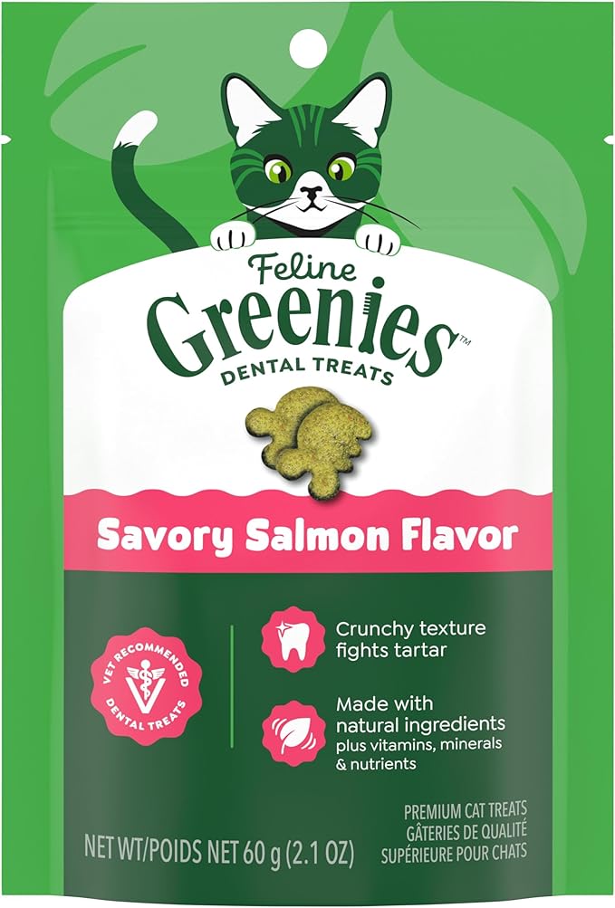 Greenies Cat Treats, Feline Veterinarian-Recommended Adult Natural Dental Cat Treats, Savory Salmon Flavor, 2.1 oz. Pouch