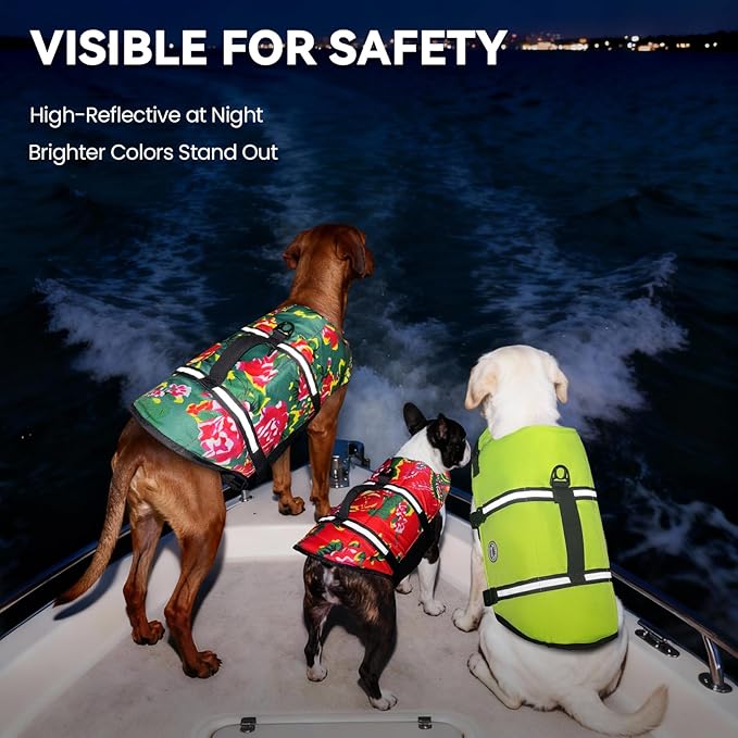 VIVAGLORY Rip Stop Dog Life Vest, Swimming Vest with Handle, Buoyancy for Doggy Puppy, Dog Life Jacket for Swimming & Boating, M, Northeast Florals-Green