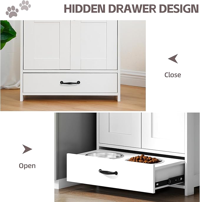 Pet Feeding Station, Dog Feeding Station, Dog Food Storage Cabinet, Pet Food Toy Organiser with 2 Elevated Bowls and Hook for Feeding and Drinking, White