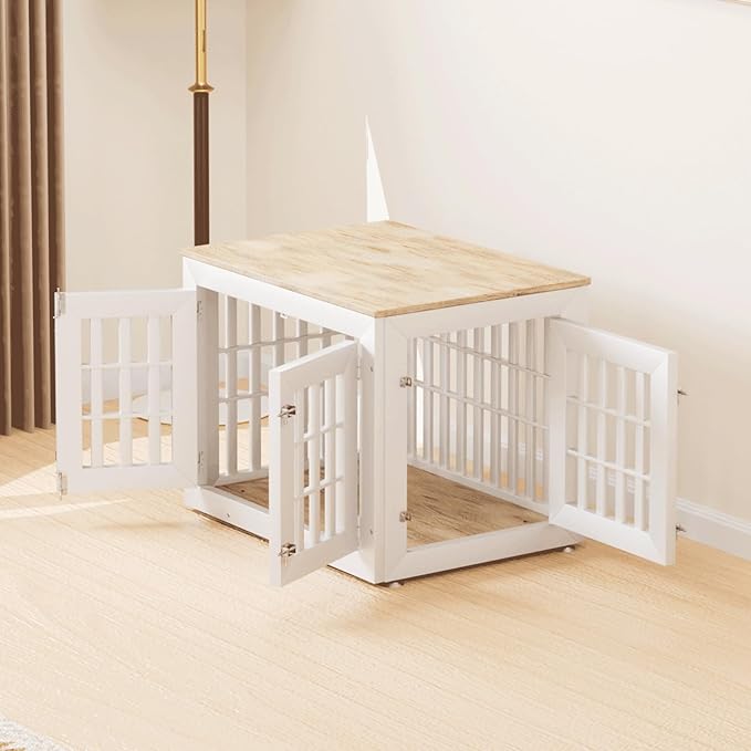 32" Heavy Duty Dog Crate Furniture for Small,Medium and Large Dogs,Rustic Wooden Dog Cage Kennel Indoor Furniture with Waterproof Top,Decorative Pet House Side End Table (White & Wood)