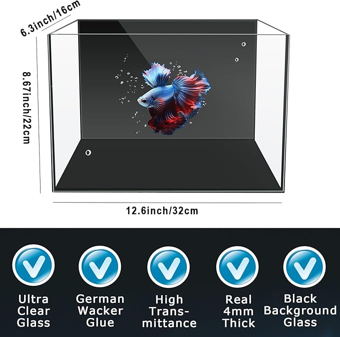 3 Gallon 12.6” L Fish Nano Glass Aquarium, with Separator Plate for Betta, Multi-Functional Square Fish Tank with Filter, LED Light, Black 4mm Glass