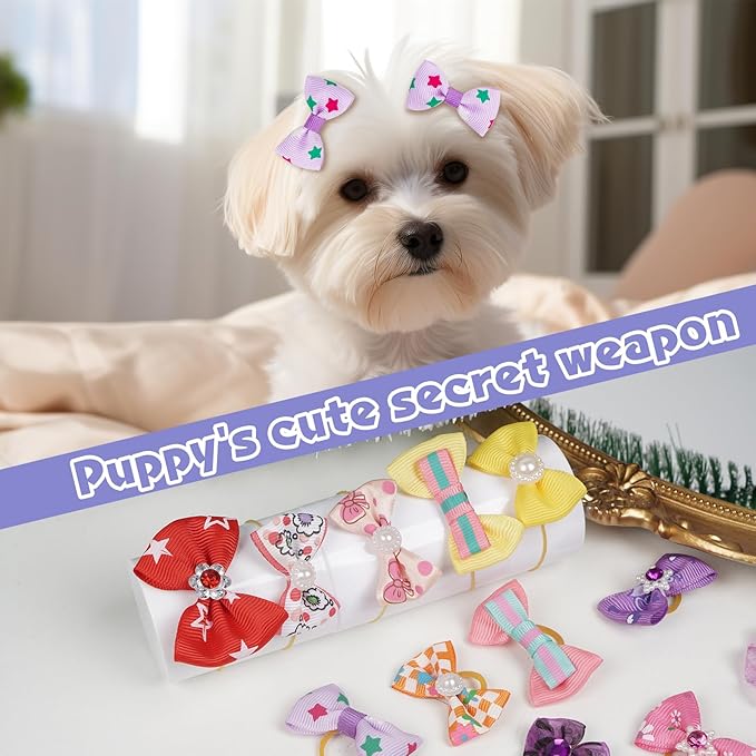 Chenkou Craft Random of 20pcs Puppy Yorkie Dog Hair Bow With Rubber Band Rhinestone Pet Grooming Products Mix Colors Varies Patterns Pet Hair Bows Dog Accessories
