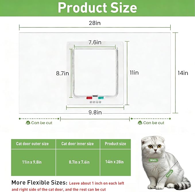 Cat Door for Window, Fits 18"-28" Width Window, Cat Window Door with 4 Locking Modes, Pet Friendly Window Cat Door Insert, Magnetic Closure, Weatherproof, Easy Installation, Clear Plexiglass