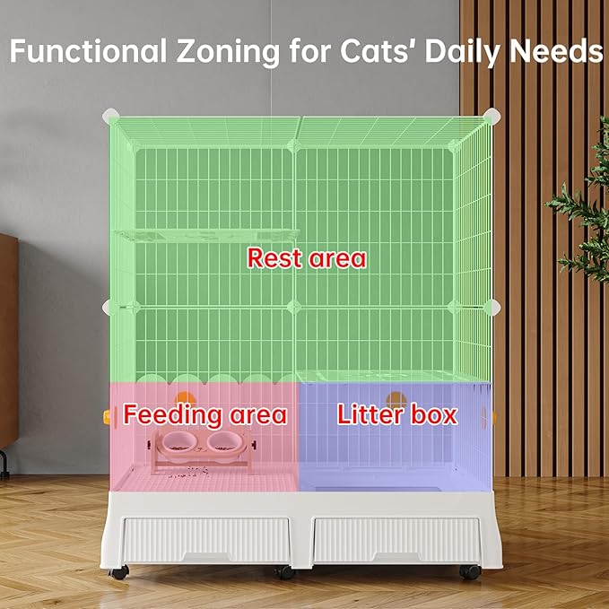 Oneluck Cat Cage Indoor On Wheels,Cat Kennel with Litter Box,35.5" L x 21.6" W x 44.4" H,Ideal for 1-3 Cats