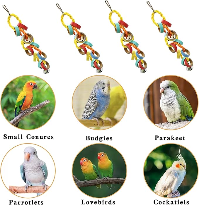 4 Packs Small Parrot Chewing Toys Bagel Chew Rings Shredding Bird Toy for Cockatiel Conures Parakeet Budgies Love Birds Canary Cage Hanging Accessies