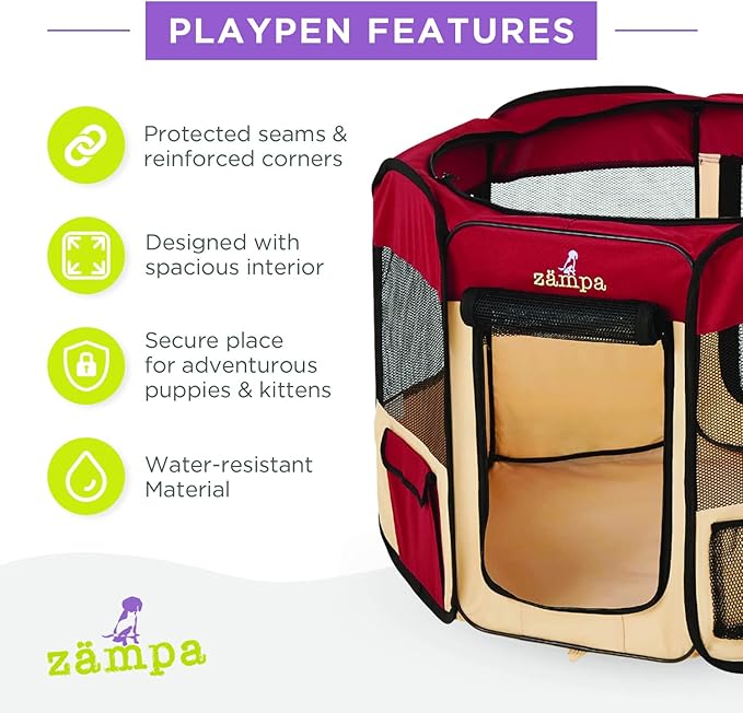 Zampa Puppy Pop Up Portable Playpen for Dog and Cat, Foldable | Indoor/Outdoor Kitten Pen & Travel Pet Carrier + Carrying Case (Red, Small (36"x36"x24"))