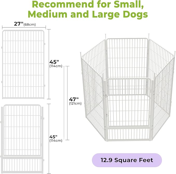 SunsGrove Indoor Dog Playpen, 45 Inch 6 Panels with Wider Door for Large Dogs, Easy Setup Anti-Rust Pet Fence, White