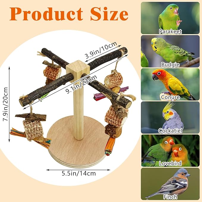 Rotating Bird Perch Stand Toy Natural Wooden Parakeet Toys with Edible Chew Toy Interactive Spinning Toy Bird Cage Accessories for Parakeets Budgies Conures Cockatiels Lovebirds Finches