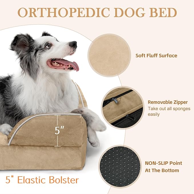 Comfort Expression Orthopedic Dog Bed for Extra Large Dogs 42x30 Inch, Waterproof Egg Crate Foam XL Pet Bed with Removable Bolsters, Dog Couch with Washable Cover & Non-Slip Bottom, Light Brown