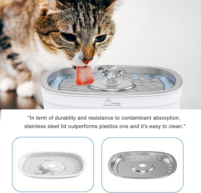 Wonder Creature Cat Water Fountain Stainless Steel, 84oz/2.5L Automatic Pet Water Fountain with Water Level Window and LED Light for Water Shortage Alert