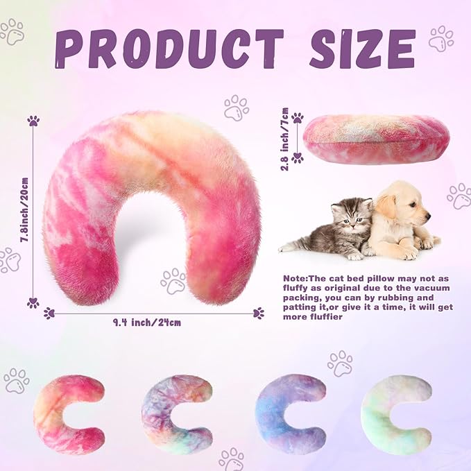 Sweetude 4 Pcs Pillows for Cats Puppy Bed Fluffy Pet Calming Soft Gifts Half Donut U Shaped Pet Neck Pillow Training Joint Relief Cervical Protection(Tie Dye,Medium)