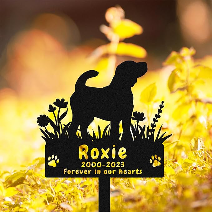 Custom Beagle Dog Memorial Grave Stake, Personalized Flowers Beagle Dog Memorial Grave Marker Headstone Metal Sign, Customized Outdoor Memorial Stake Plaque for Dog Owner Lovers