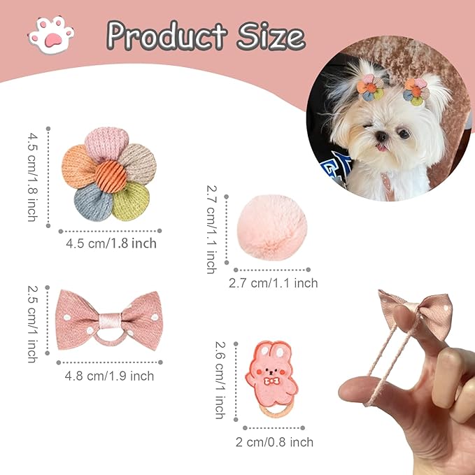 20 Pcs Small Dog Hair Bows with Rubber Bands Handmade Puppy Hair Bows Cute Grooming Flower Ball Bowknot Top Knot Dog Hair Accessories Hair Ties for Yorkie Maltese Pet (Pink) ﻿